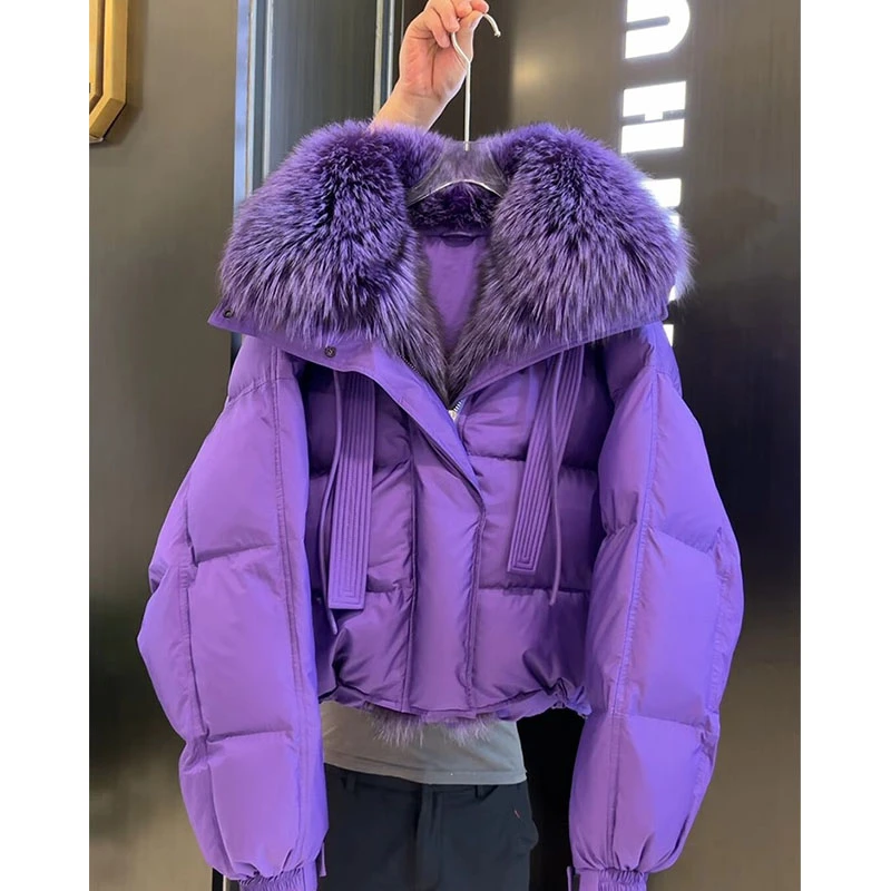 高级感气质时尚毛领棉服女2025冬季新款紫色短款时尚面包服外套潮