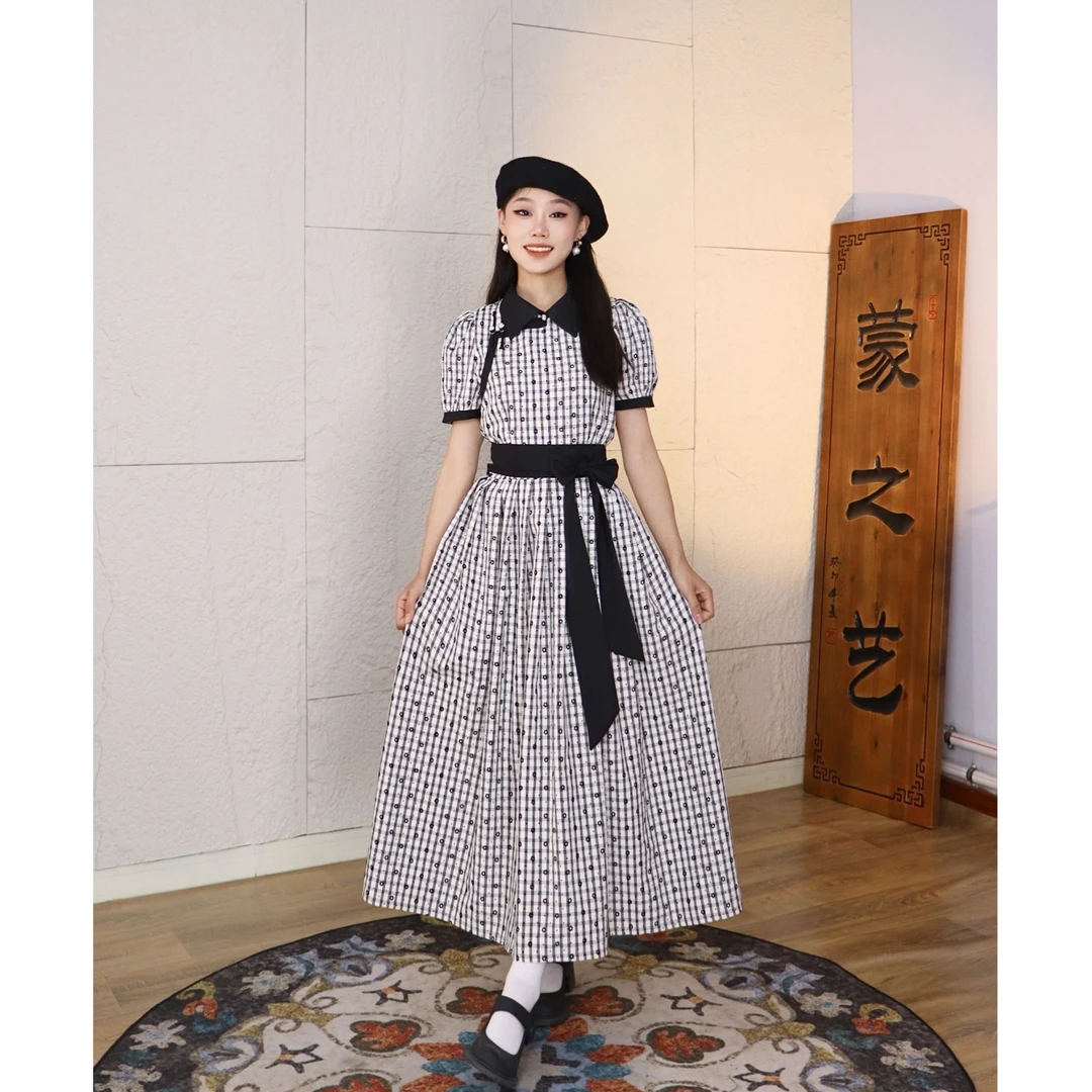 【蒙之艺】条纹小花朵蒙古族元素斜襟布里亚特风骨短袖连衣裙蒙古袍