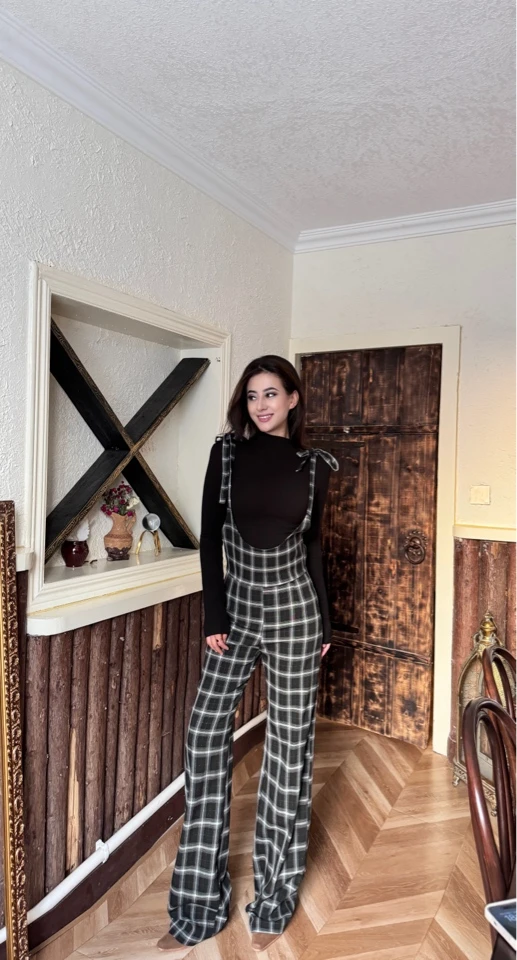 新款修身长款格子连体裤打底衫休闲两件套