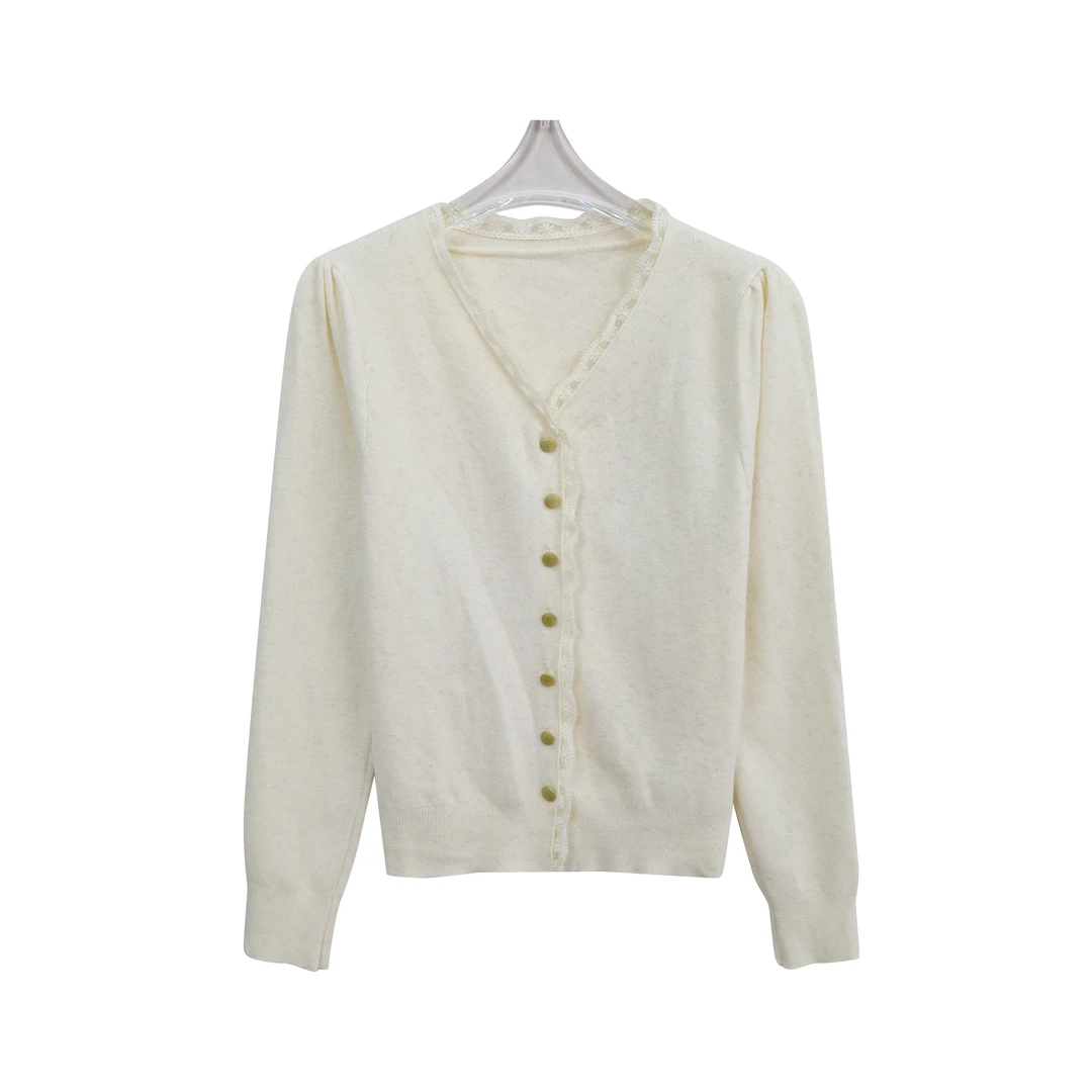 S蕾丝花边V领单排扣亮闪高级感针织开衫C11063