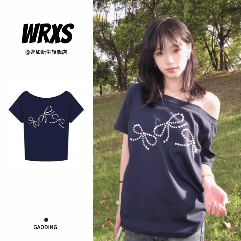 【婉如新生】美式慵懒风斜肩短袖T恤女休闲别致ins纯欲露肩上衣宽松