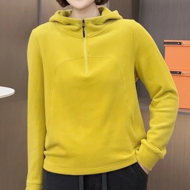 冬季保暖金品双面绒半拉链连帽卫衣女套头打底衫显瘦时尚百搭上衣
