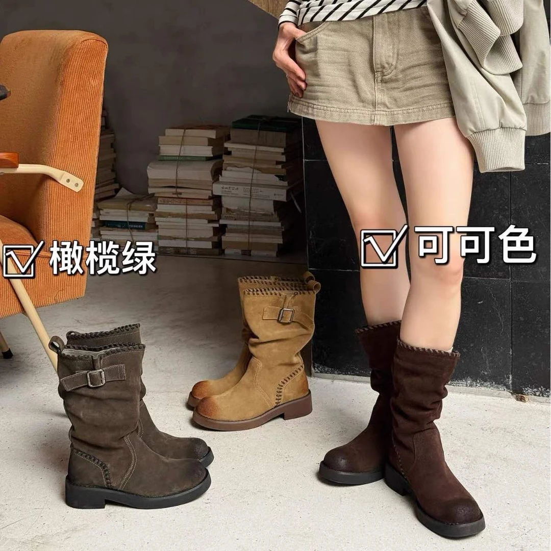 复古粗跟百搭女鞋绒面中秋冬筒靴筒靴厚底时装靴rqdd 7161