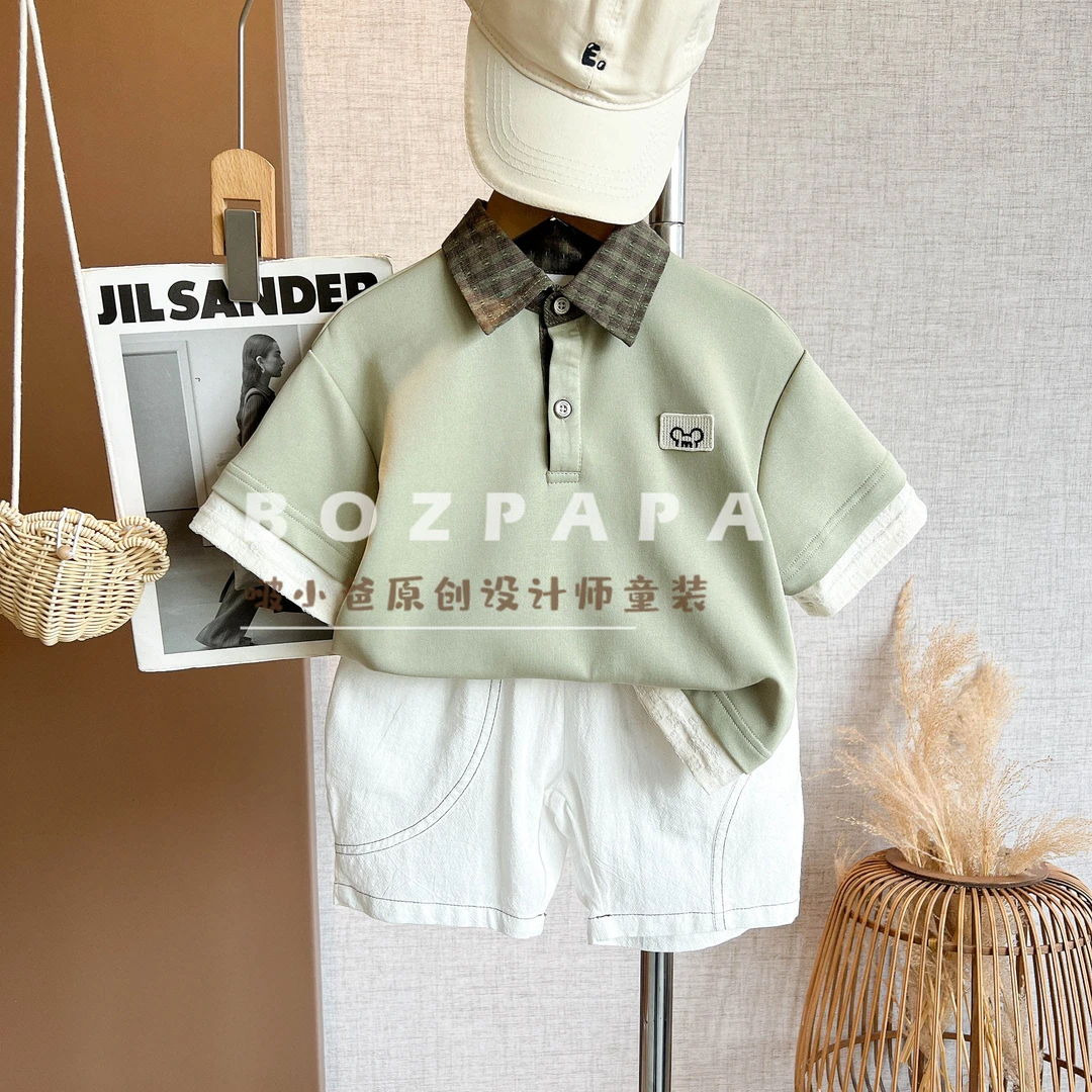 现货啵小爸【牛油果慕斯】2025夏季男童休闲格纹拼接翻领POLO衫套装