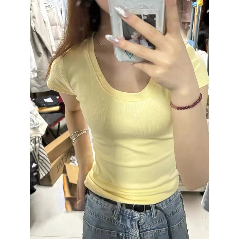 多巴胺黄色U领正肩短袖t恤女夏季修身纯欲收腰甜辣妹紧身短款上衣