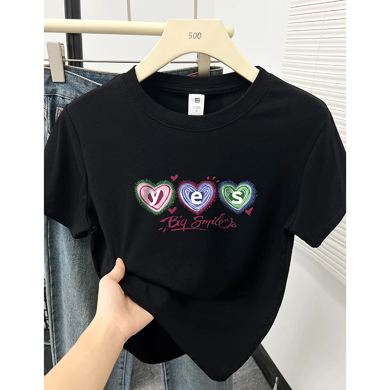正肩短袖T恤女2025新款设计感小众韩系爱心印花宽松显瘦半袖体恤