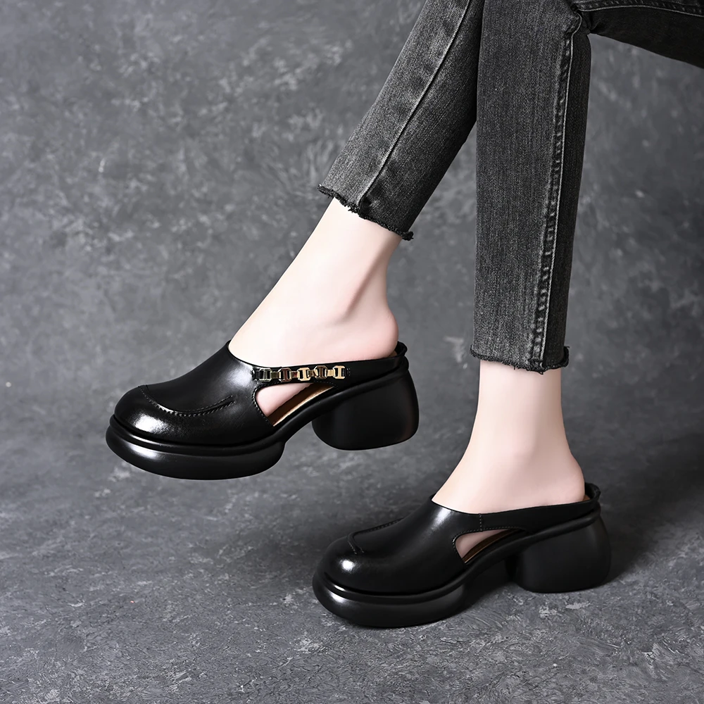 复古包头厚底凉拖女2025新款夏季金属扣链条粗跟百搭外穿拖鞋