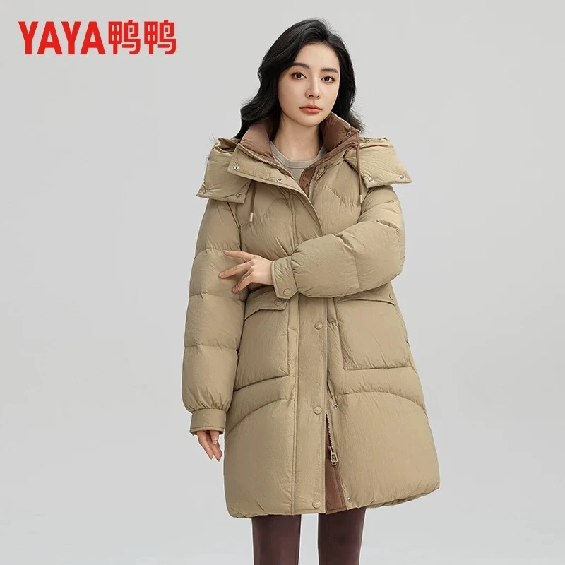 鸭鸭羽绒服女士2024冬季新中长款时尚百搭连帽加厚鸭绒保暖外套v
