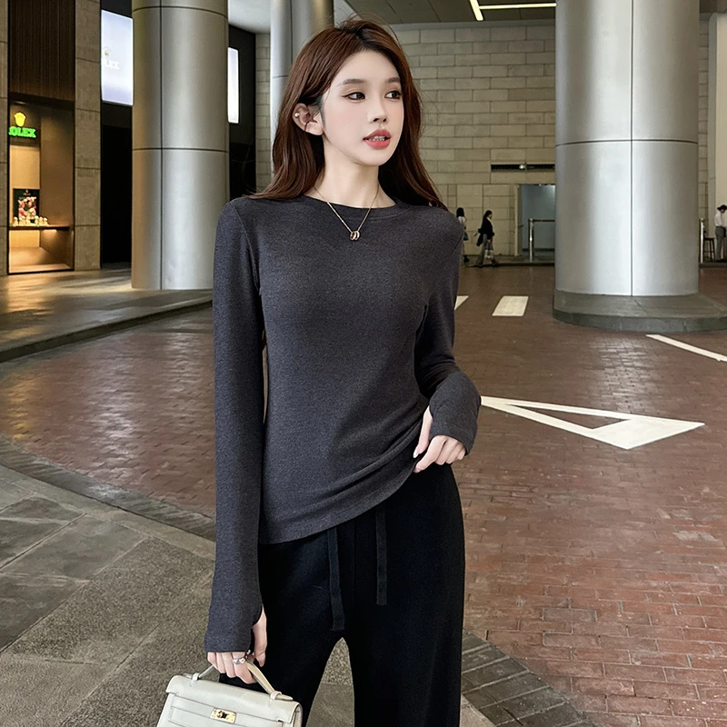圆领长袖打底衫女2025年早秋新款韩版修身显瘦保暖百搭T恤上衣