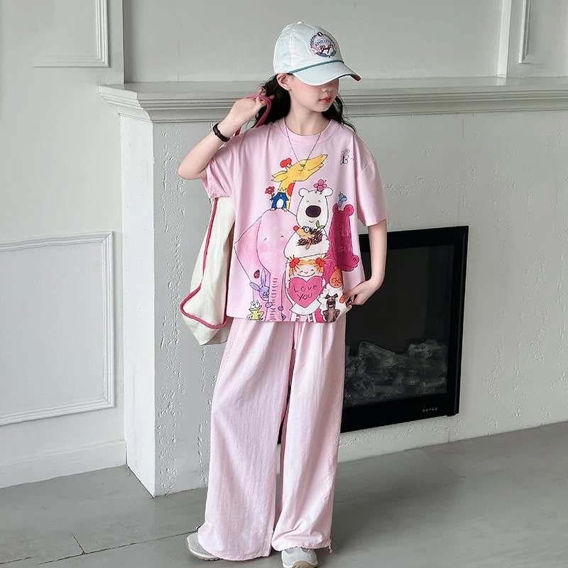 女童夏季薄款短袖套装中大童小女孩洋气时髦儿童夏装阔腿裤两件套