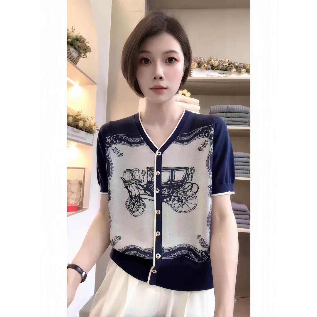 夏季新款V领撞色提花冰丝针织衫时尚气质显瘦拼接短袖T恤套头上衣