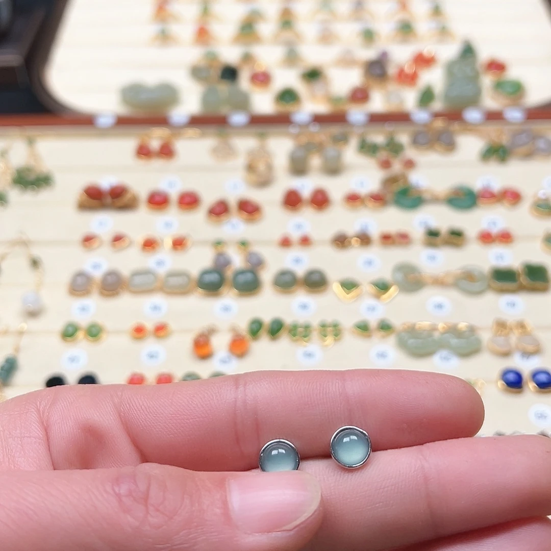 和田玉耳饰银S925镶嵌嗨*