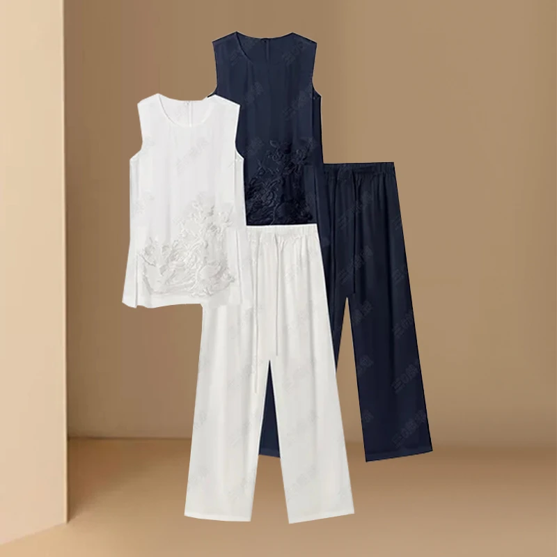 2025夏季时尚新款新中式套装女国风复古重工刺绣显瘦上衣+九分裤