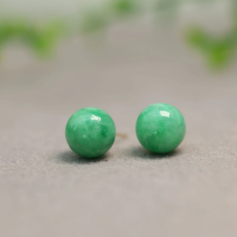 #I499 18K金镶嵌满绿天然A货翡翠珠子耳钉 素面圆珠耳饰