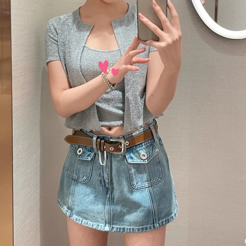 SZSALI定制两件套弹力开衫复古工装口袋牛仔裙套装需分开拍