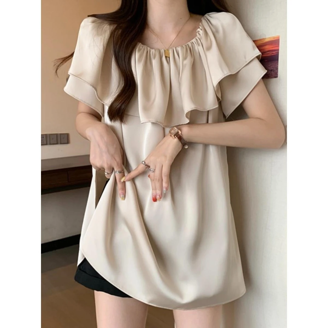 法式一字肩缎面衬衫女夏季大码胖妹妹气质减龄遮肉显瘦荷叶边上衣