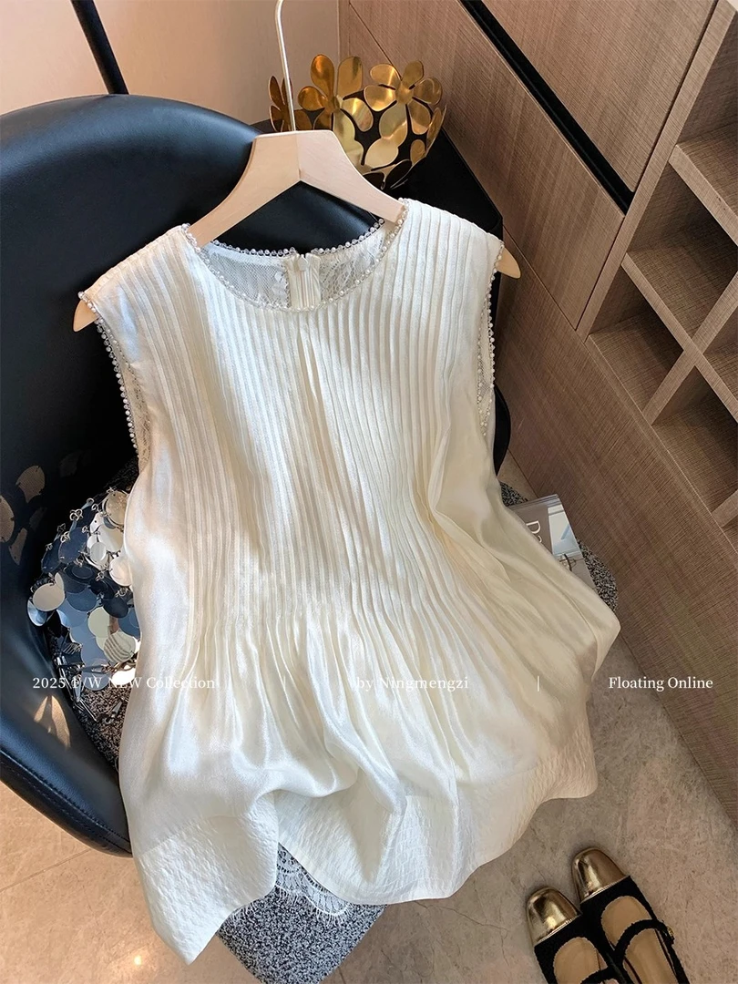 法式压褶蕾丝边珠光圆领无袖背心女2025夏季温柔气质高级简约上衣