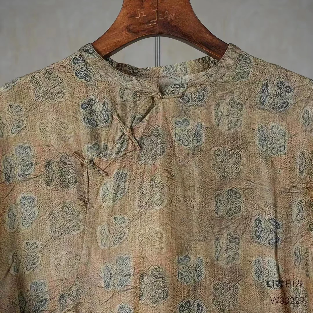 几见复古印花咖花夏季真丝旗袍裙时尚国风蕾丝连衣裙新中式气质