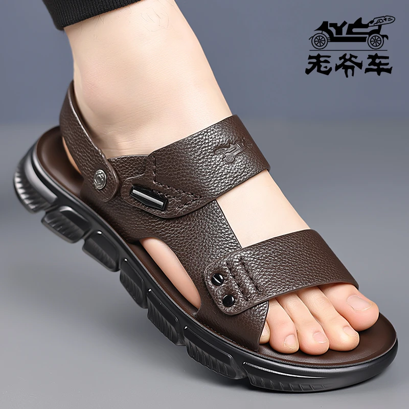 头层牛皮休闲沙滩鞋真皮软底防滑夏季男款爸爸皮凉鞋男正品真皮