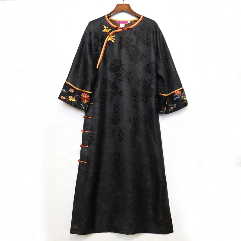华族经典【绮梦花间】提花香云纱重工刺绣复古中长款旗袍袍子250306