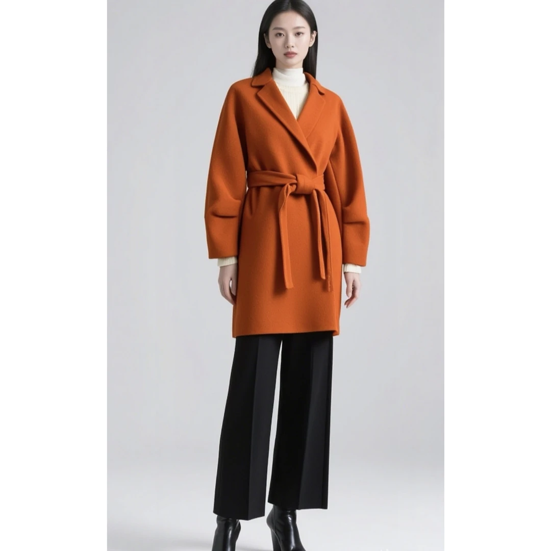 YAHONGNA长袖宽松系带双面大衣气质时尚羊绒外套女秋冬中长款冬季