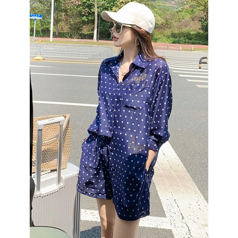 chic韩系休闲运动套装女春季新款薄款波点衬衫上衣短裤时尚两件套