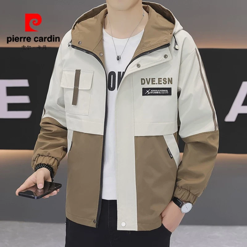 皮尔卡丹新款春秋休闲夹克男秋季潮流拼色宽松连帽工装男装冲锋衣