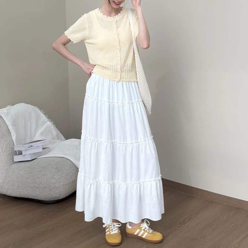 高腰A字长裙拼接半身裙2025春夏新款显瘦蛋糕花边半身裙伞裙