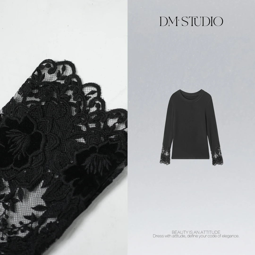 DEDM•STUDIO/气质减龄小众休闲精致感蕾丝袖圆领上衣2510TX/91267