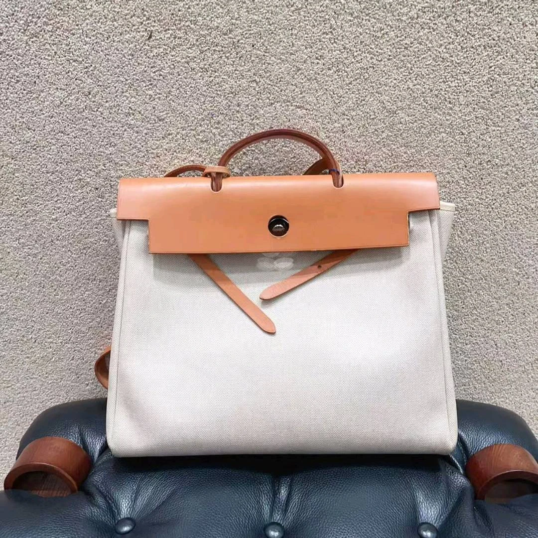 95新 Hermes/爱马仕 爱马仕39 米色拼棕色 帆布拼皮！内缝银扣