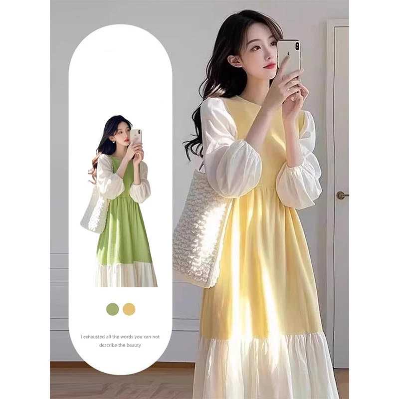 高级感气质温柔风连衣裙2025春秋新款爆款流行撞色拼接中长款裙女