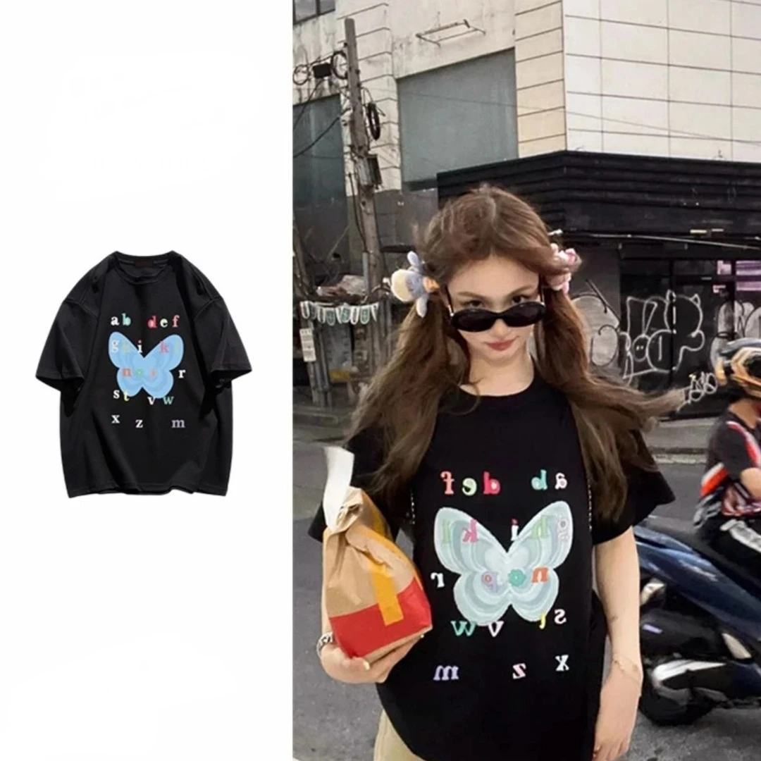 AZGO潮牌夏季宽松印花圆领ins百搭网红情侣设计感T恤（蝴蝶）