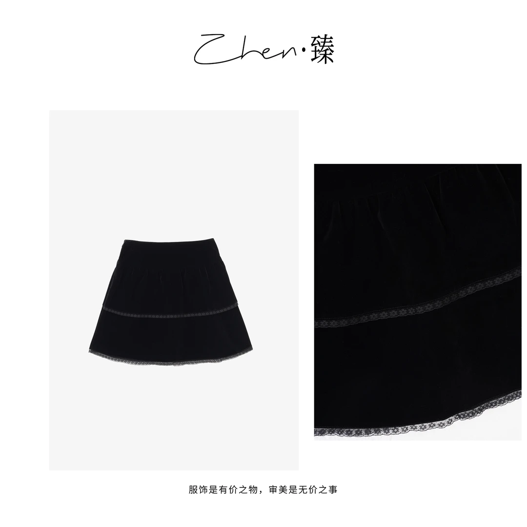 ZHEN.臻 重工拼接时尚蕾丝千金减龄感丝绒双层蛋糕裙BQ7591Z