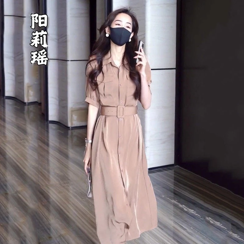 2025年时尚百搭新款通勤气质Polo领衬衫裙女时尚设计收腰连衣裙女