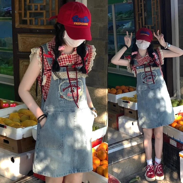 【樱桃女孩】刺绣格子拼接两种穿法背带裙显瘦时尚夏季复古减龄宽松
