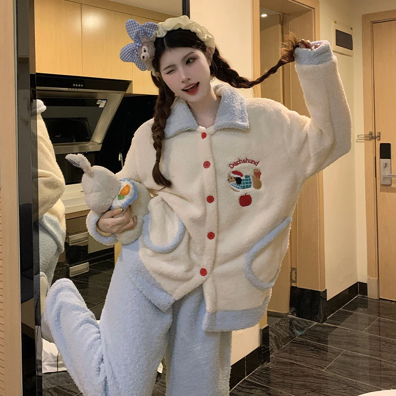 半边短毛绒睡衣女秋冬季珊瑚绒加厚保暖新款可爱腊肠狗家居服套装