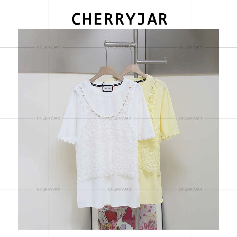 Cherryjar【251291】2025夏季网纱提花假两件云贝点缀个性圆领T恤