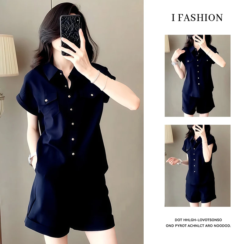 时尚气质套装女2025年夏季新款洋气小众减龄显瘦衬衫短裤两件套潮