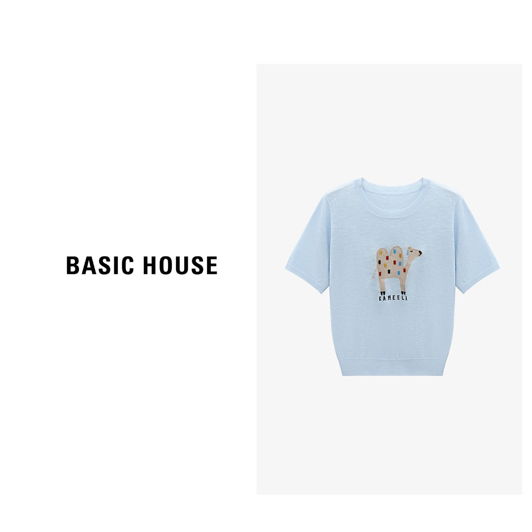 Basic House/百家好夏季透气圆领短袖针织衫-B0625B5Y532