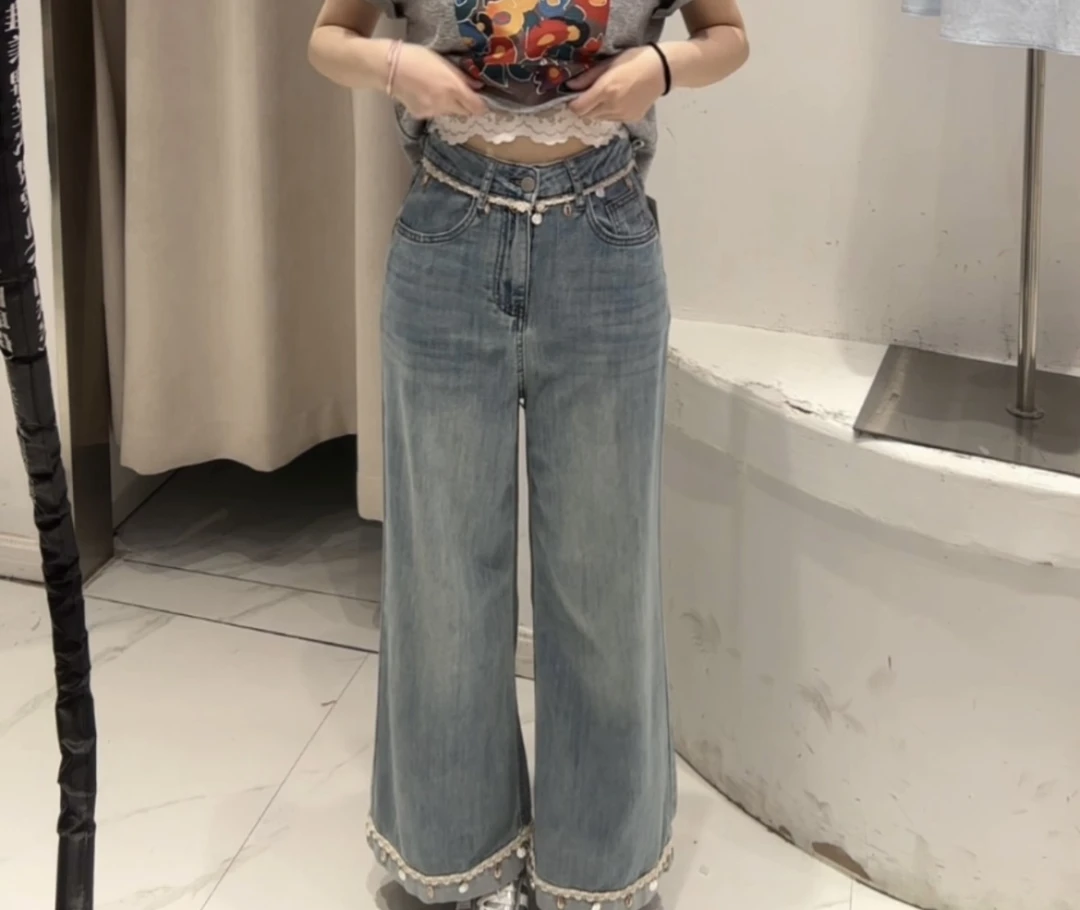 重工拼接贝壳亮片高腰直筒牛仔裤女年夏季薄款宽松阔腿九分裤