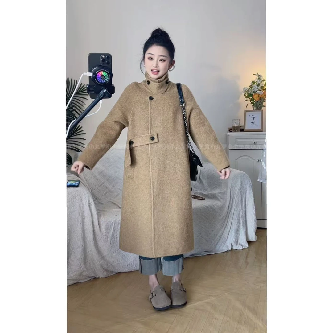 YR-8758冬季小个子双面呢立领时尚休闲绵羊毛大衣外套【黄小九】