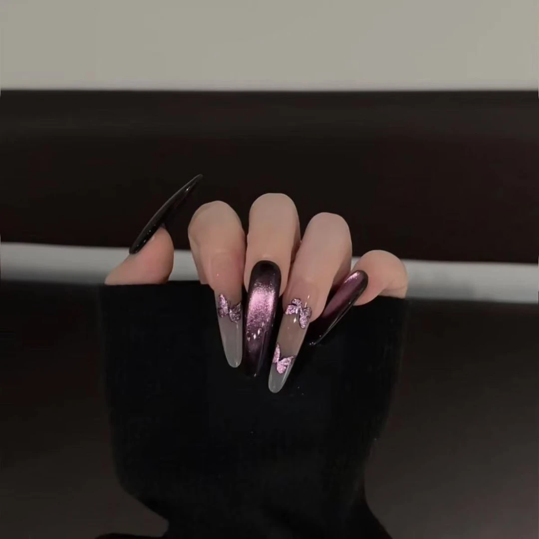 细狗[梦幻紫福蝶]纯手工穿戴甲新款气质猫眼高级感手绘蝴蝶美甲贴