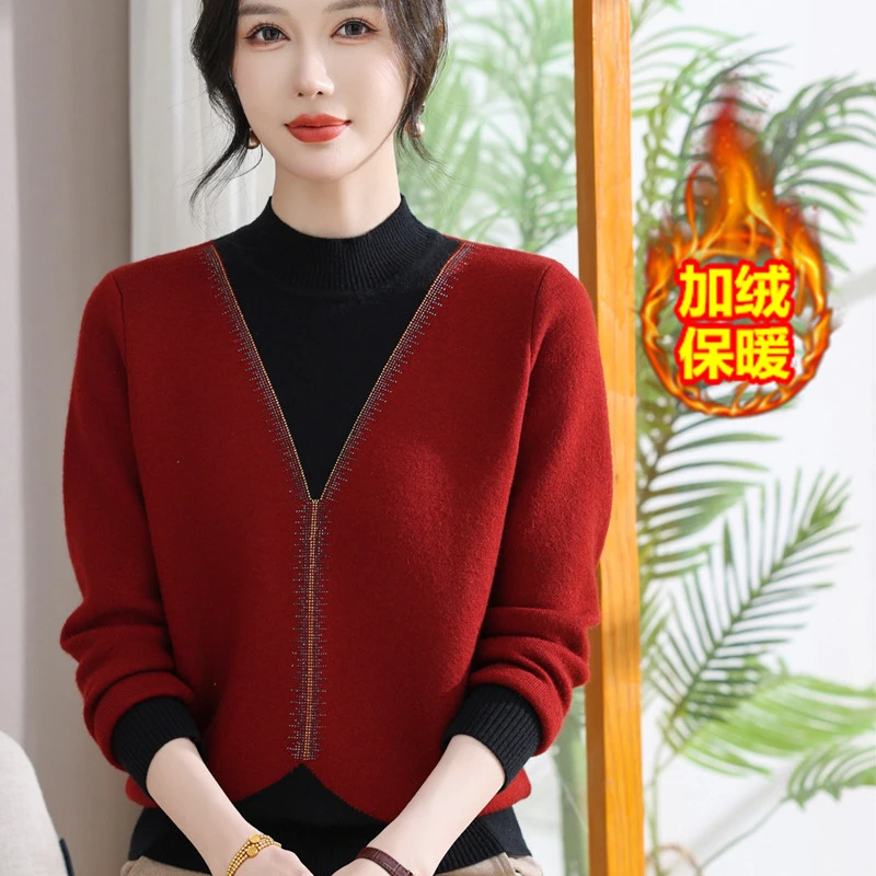 时尚年轻妈妈假两件针织衫毛衣秋冬季新款女士绒毛一体上衣打底衫