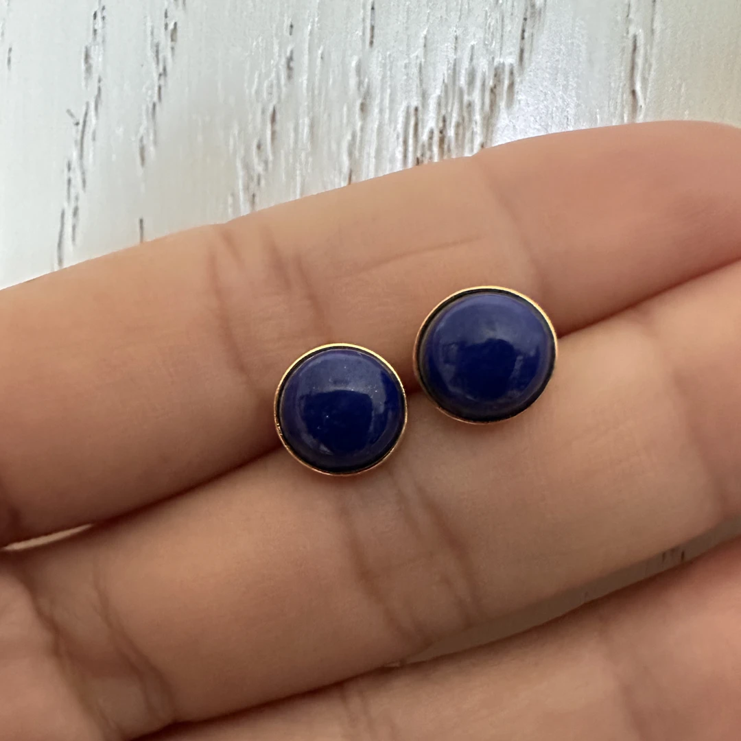 天然原矿青金石圆形S 925银耳饰9.2m