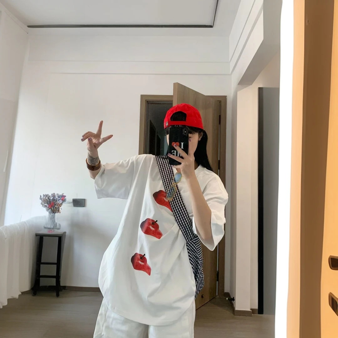 美式复古重磅短袖t恤女苹果印花设计感小众落肩情侣上衣