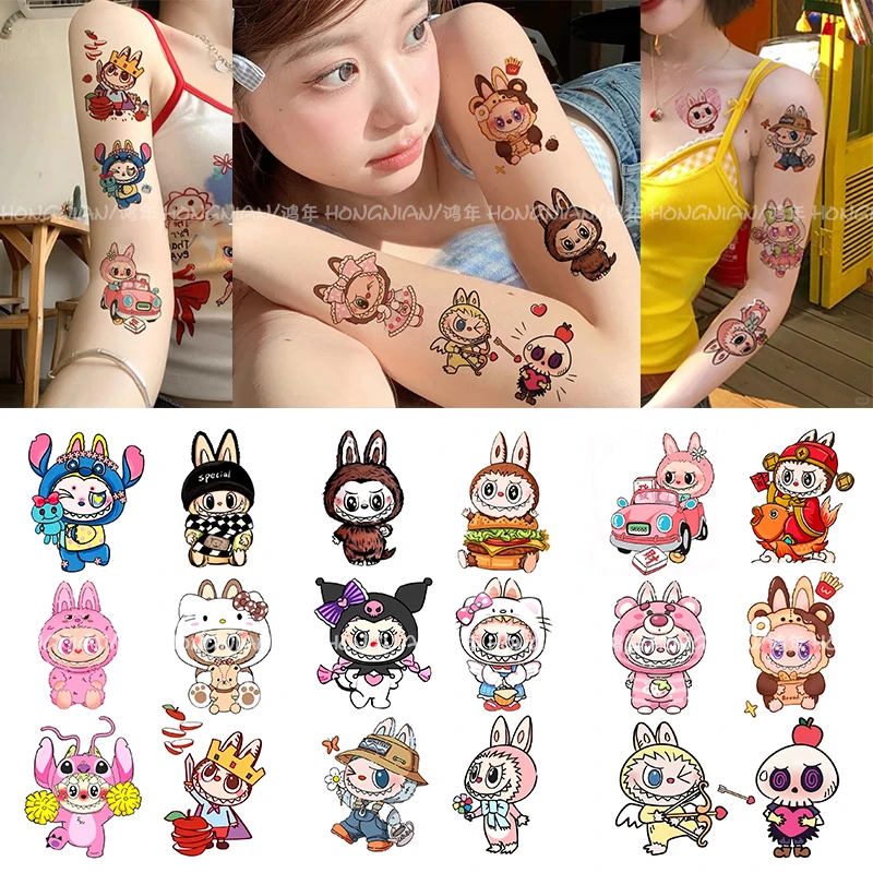 labubu彩色纹身贴甜酷可爱卡通花臂小众zimomo防水持久贴纸ins风