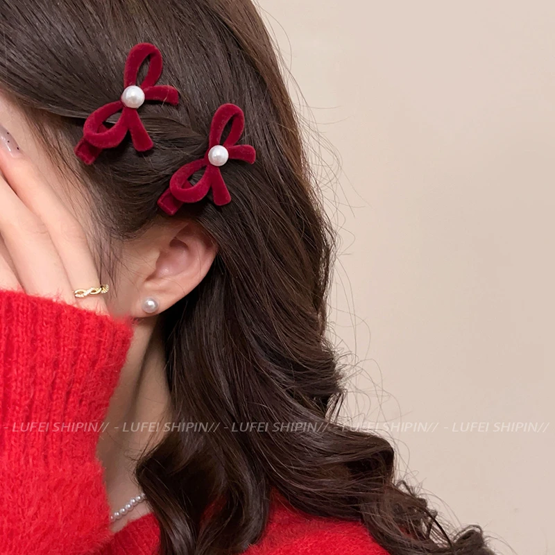 新年红色蝴蝶结丝绒小号发夹女刘海碎发侧边夹子发卡过年喜庆头饰