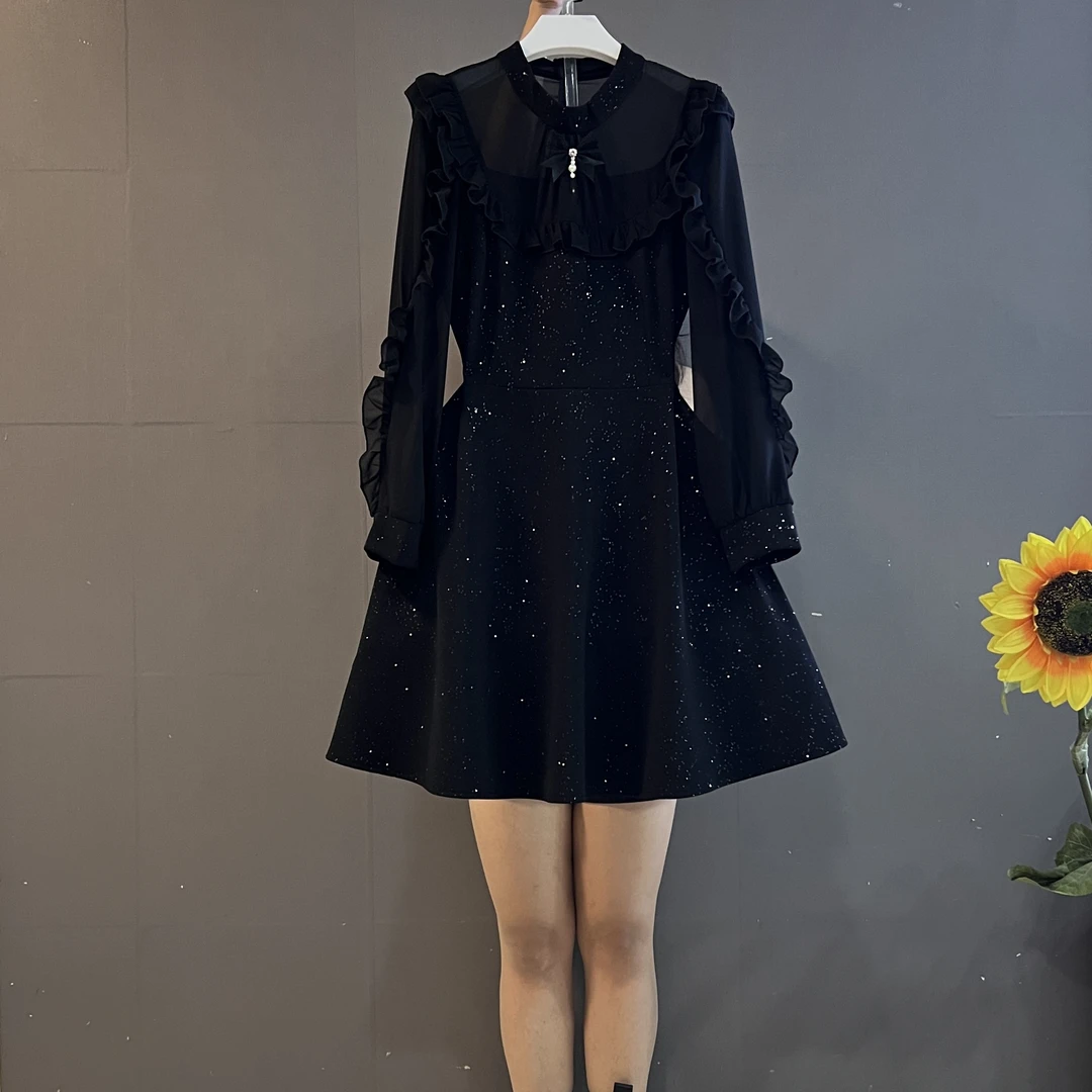 秋季新款法式赫本风圆领长袖荷叶边拼接收腰显瘦细闪小黑裙