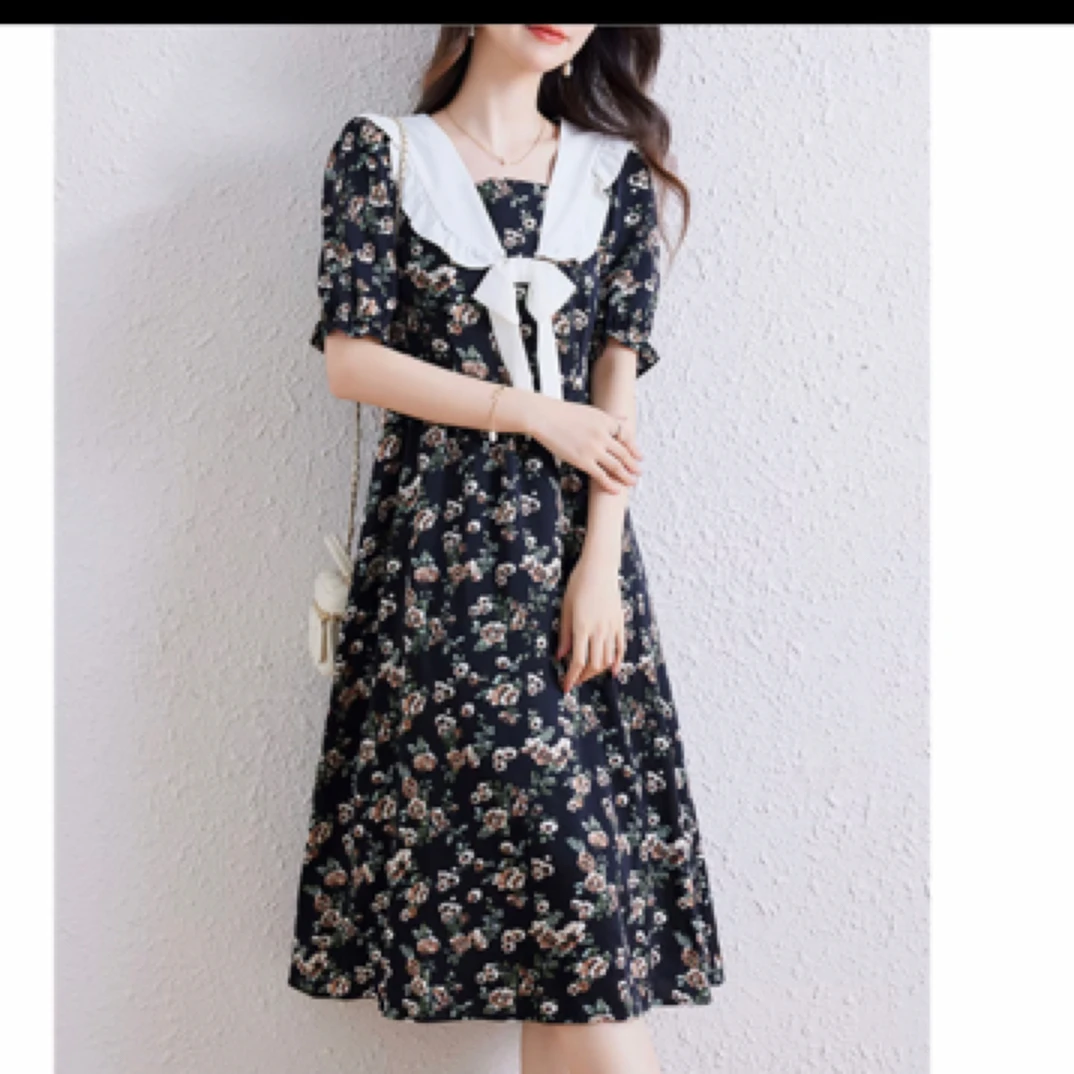 25297（地）法式复古黑色碎花连衣裙新款蝴蝶结气质公主中长款裙子