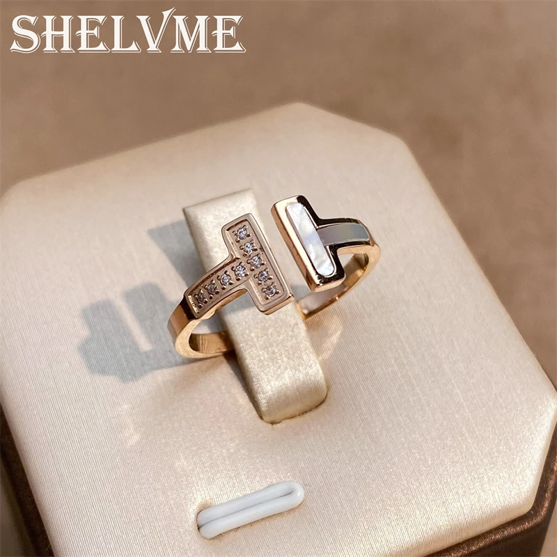 钛钢合成锆石戒指 双T戒指AB面微镶小众食指戒贝壳轻奢指环气质